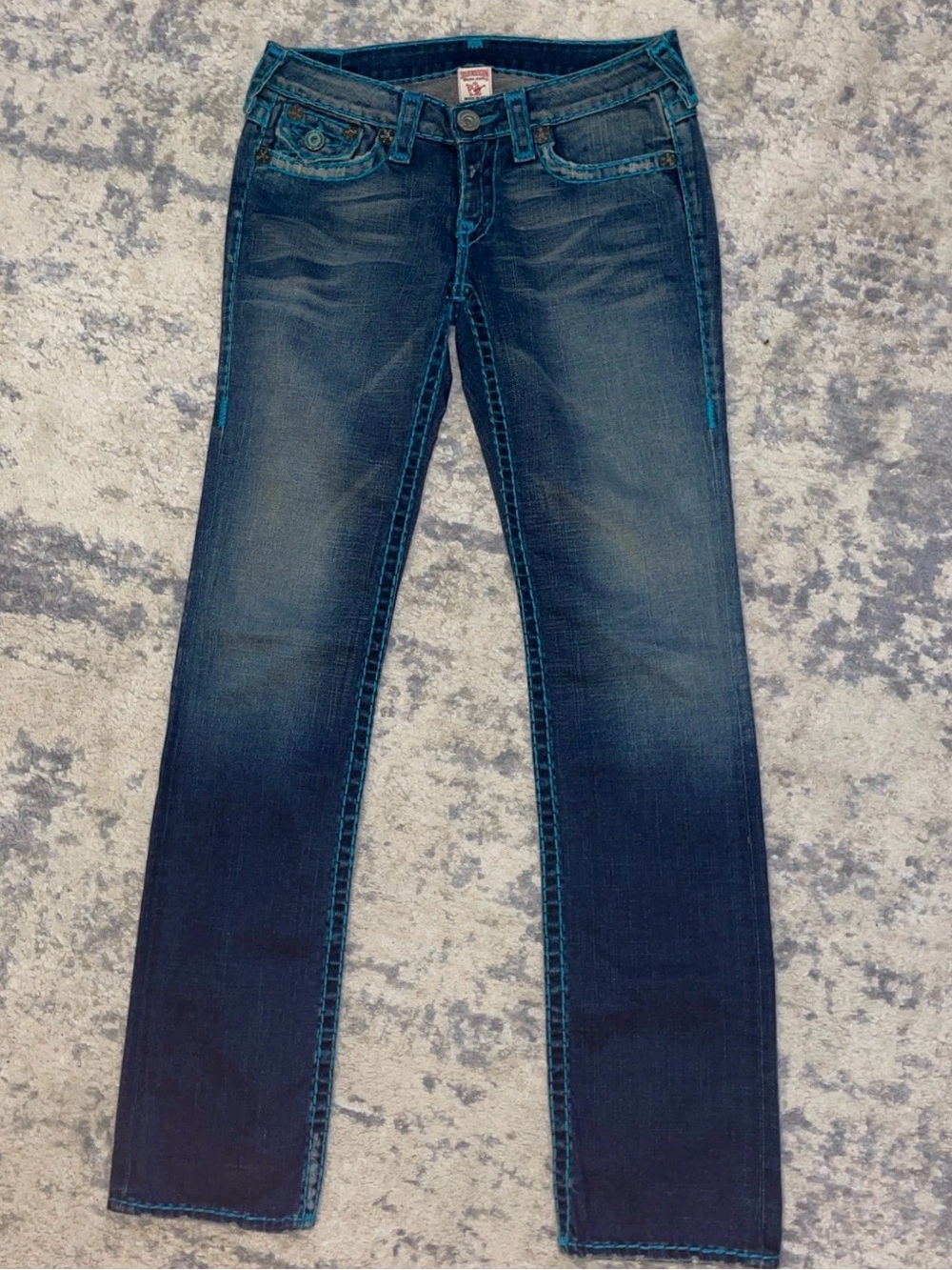 True Religion Dark Blue Straight Leg Jeans with Turquoise Stitching
